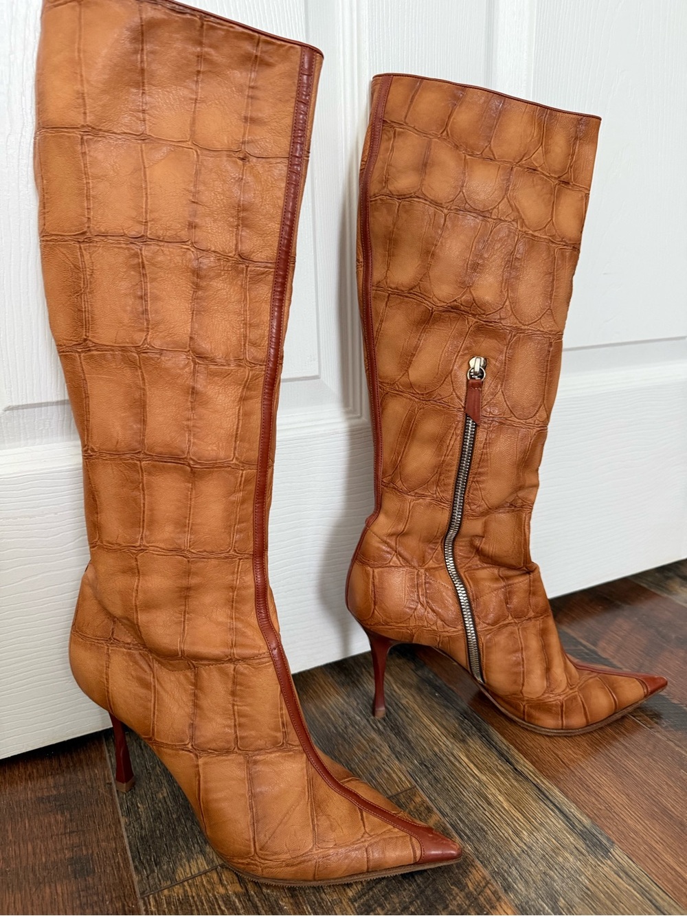 Casadei Cognac Croc-Embossed Pointed-Toe Knee Boots